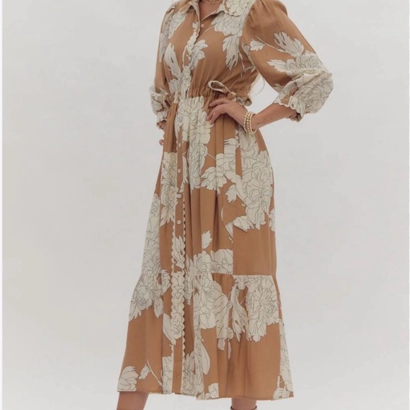 Dresses & Skirts - Wenrine Spring Summer Floral Maxi Dress Tie Waist Boho 3/4 Sleeve Neutral Tan B2